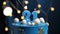 Birthday cake number 21 stars sky and moon concept, blue candle is fire by lighter. Copy space on right side of screen. Close-up