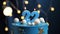 Birthday cake number 22 stars sky and moon concept, blue candle is fire by lighter and then blows out. Copy space on