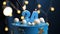 Birthday cake number 24 stars sky and moon concept, blue candle is fire by lighter. Copy space on right side of screen. Close-up