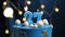 Birthday cake number 27 stars sky and moon concept, blue candle is fire by lighter. Copy space on right side of screen. Close-up