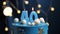 Birthday cake number 40 stars sky and moon concept, blue candle is fire by lighter and then blows out. Copy space on