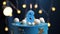 Birthday cake number 6 stars sky and moon concept, blue candle is fire by lighter and then blows out. Copy space on