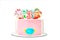 Birthday cake with painted decoration for 3th anniversary. Pink delicious dessert with strawberry and cream