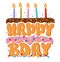 Birthday cake shaped letters with burning candles drawing in cartoon style. Greeting card template. Vector illustration isolated