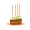 Birthday cake slice. Sweet holiday bakery piece. Pastry dessert with cream and candles for breakfast. Vector hand drawn