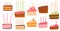 Birthday cake slices set. Sweet holiday bakery pieces collection. Pastry chocolate fruit, berry dessert with candles for breakfast