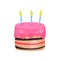 Birthday cake with three burning candles. Delicious dessert with pink glaze. Design element for greeting card. Cartoon