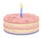 Birthday cake with two tiers candy with one burning candle. Anniversary celebration. 3d icon vector illustration.