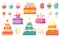 Birthday cakes. Party celebration cupcake with candles and invitation, colorful and chocolate flat cakes. Vector set