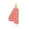 Birthday candle of number 4 shape for 4th anniversary. Wax figure with candlelight with flame for holiday cake for