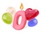 Birthday candle with zero age symbol. 0 year wax figure, festive balloons composition. Party cake decoration with number
