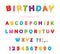 Birthday candles colorful font design. Bright festive ABC letters and numbers isolated on white.