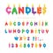 Birthday candles colorful font design. Bright festive ABC letters and numbers isolated on white. Vector