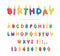 Birthday candles colorful font design. Bright festive ABC letters and numbers isolated on white. Vector