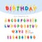 Birthday candles colorful font design. Cutout ABC letters and numbers isolated on white. Vector