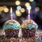 Birthday candles glow adorning two cupcakes. Delicious birthday cupcake on table.