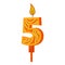 Birthday candles with numbers five and fire. Colored icon for anniversary or party celebration. Holiday candlelight with wax and