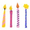 Birthday candles vector set. Accessory for festive feast. Multicolor burning candles with lines and dots ornament. Celebration,