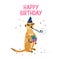 Birthday card with an adorable meerkat blowing a party horn