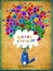 Birthday Card Blue Cat With Huge Bunch of Flowers