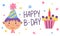 Birthday card with a boy, with a cupcake, candle and confetti on a white background. A holiday card, an invitation to a