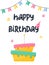 Birthday card with a cake and a candle, festive cap, stars and flags. Happy birthday. Rectangular card. Vector
