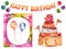 Birthday Card with cake, cheerful decorative garland, colored Wish card, vector watercolor decoration with frame