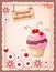 Birthday card with cake, cherry, hearts and flowers