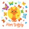Birthday Card With Cat And Butterfly. Greeting Card. Sweet Childish Card With Lovely Cat.