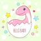 Birthday card with cute dinosaur baby in eggshell