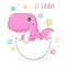 Birthday card with cute dinosaur baby in eggshell