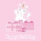 Birthday card with cute unicorn girl with birthday gifts on pink background for kid birthday invitation card