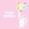 Birthday card with cute unicorn girl brings colorful balloons on pink background for kid birthday invitation card