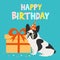 Birthday card with funny bulldog and a gift box. Vector holiday illustration.