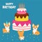 Birthday card with funny corgi and a cake. Vector holiday illustration.