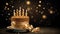 birthday card with a golden cake adorned with candles and the message Wishing you a day filled