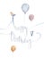 A birthday card with hand lettering, watercolor balloons and a little bird. Handwritten greeting card isolated on white background