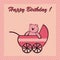 Birthday card, Happy Birthday, bear in pram, vector illustration