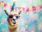 Birthday card. Llama with glasses and party hat. Happy Birthday eve, funny animal, background confetti