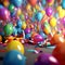 Birthday card with multicolored vibrant balloons. Confetti, curling streamers or party serpentine for children holidays