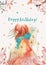 Birthday card template with cute red headed girl wearing a blue