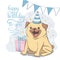 Birthday cards set with cute cartoon dogs. Balloons and party hats. Vector contour image. Little puppies. Funny animals.