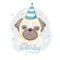 Birthday cards set with cute cartoon dogs. Balloons and party hats. Vector contour image. Little puppies. Funny animals.