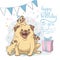 Birthday cards set with cute cartoon dogs. Balloons and party hats. Vector contour image. Little puppies. Funny animals.