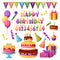 Birthday celebration party decor. Vector candles with numbers, Happy Birthday letters, gift, cake design elements