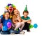 Birthday child clown playing with children. Kid holiday balloons celebratory.