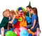 Birthday child clown playing with children. Kid holiday cakes celebratory.