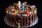 Birthday chocolate cake with candies and candles on a black background, A colorful birthday cake decorated with sweet chocolates