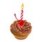 Birthday chocolate cupcake with cream, cherry, sprinkles and candle. Vector illustration.