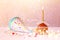 Birthday concept with cupcake and candle. Glitter lights overlay